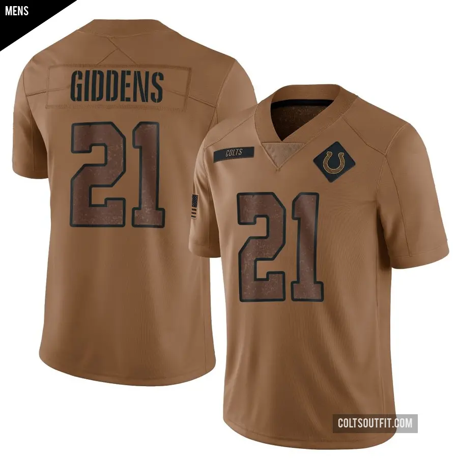 Men's Indianapolis Colts ＃21 DJ Giddens Brown Limited 2023 Salute To Service Jersey