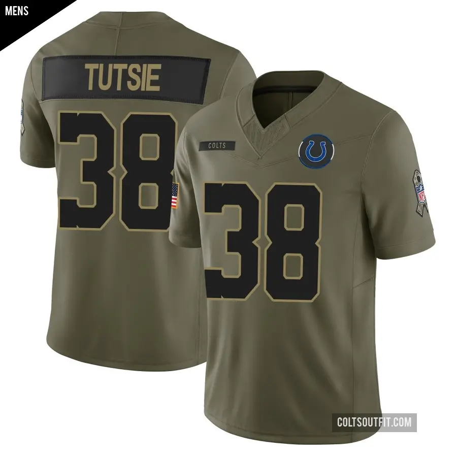 Men's Indianapolis Colts ＃38 Michael Tutsie Olive Limited Sr. 2025 Salute to Service Jersey