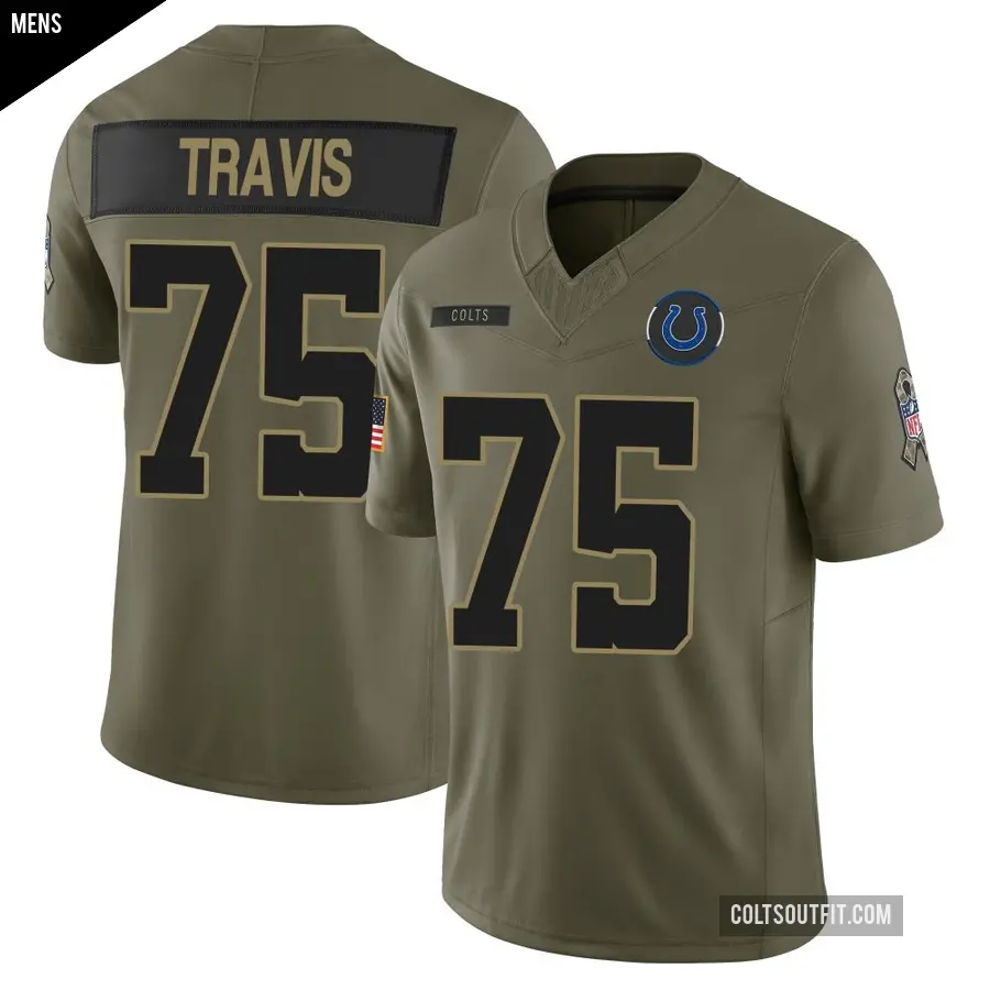 Men's Indianapolis Colts ＃75 Jalen Travis Olive Limited Sr. 2025 Salute to Service Jersey