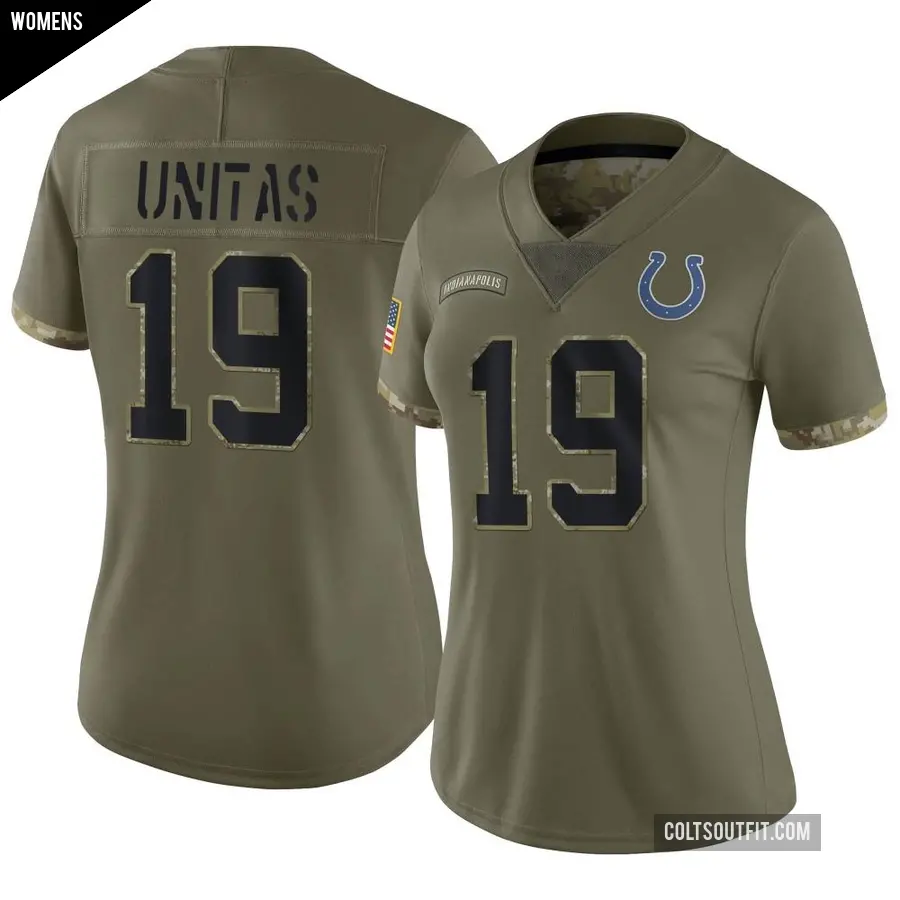 Women's Indianapolis Colts ＃19 Johnny Unitas Olive Limited 2022 Salute To Service Jersey