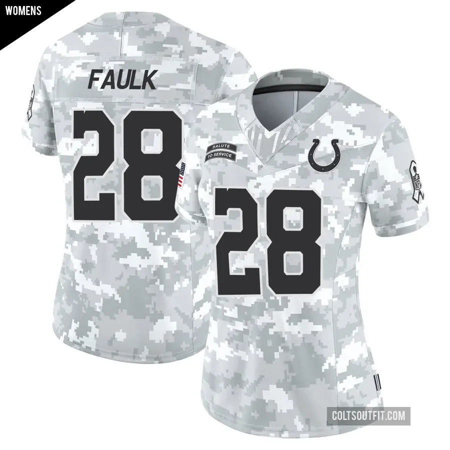 Women's Indianapolis Colts ＃28 Marshall Faulk Arctic Camo Limited 2024 Salute to Service Jersey