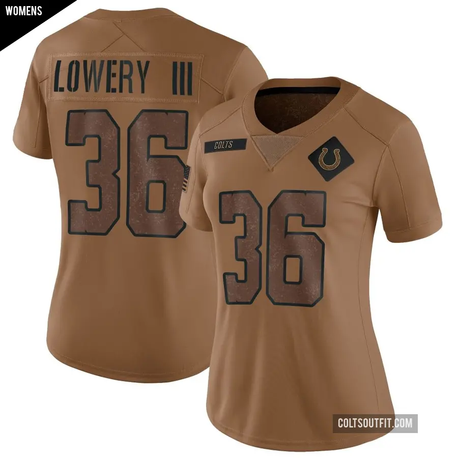 Women's Indianapolis Colts ＃36 Reuben Lowery III Brown Limited 2023 Salute To Service Jersey