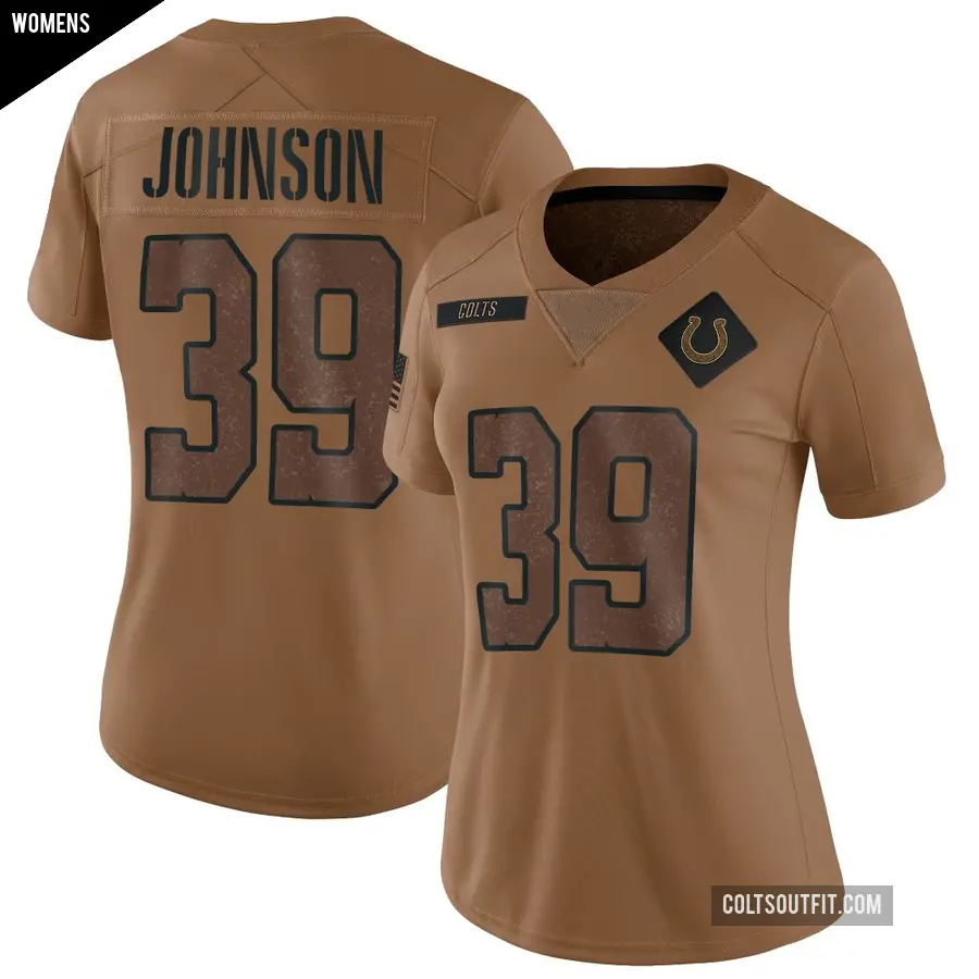 Women's Indianapolis Colts ＃39 Alex Johnson Brown Limited 2023 Salute To Service Jersey
