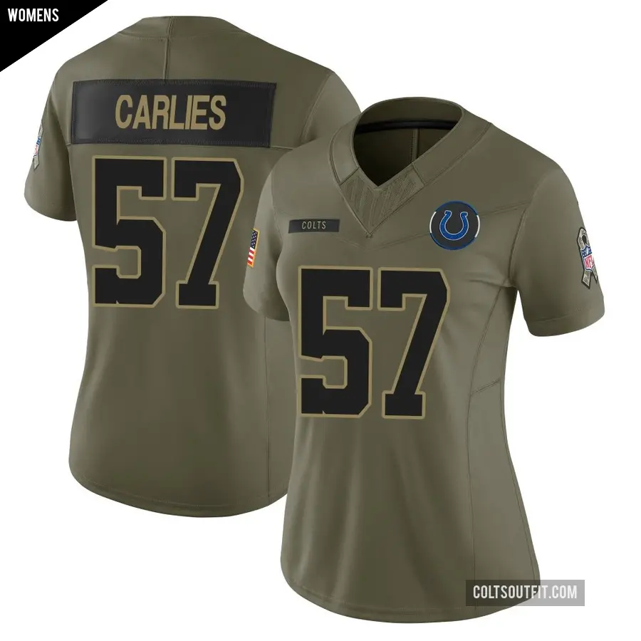 Women's Indianapolis Colts ＃57 Jaylon Carlies Olive Limited Sr. 2025 Salute to Service Jersey