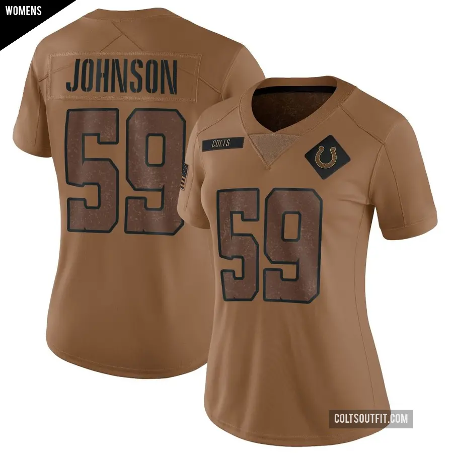Women's Indianapolis Colts ＃59 Buddy Johnson Brown Limited 2023 Salute To Service Jersey
