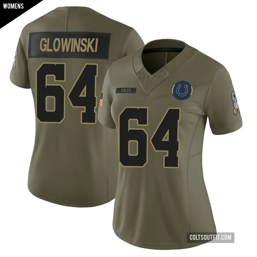 Women's Indianapolis Colts ＃64 Mark Glowinski Olive Limited Sr. 2025 Salute to Service Jersey