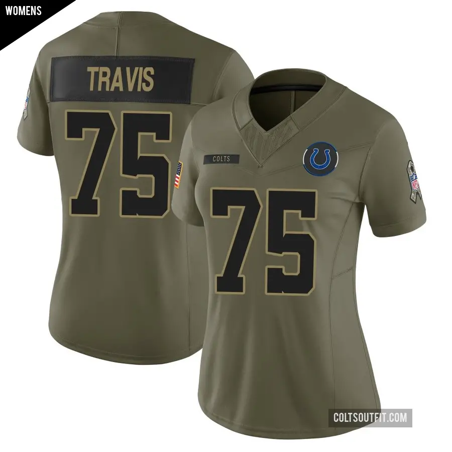 Women's Indianapolis Colts ＃75 Jalen Travis Olive Limited Sr. 2025 Salute to Service Jersey