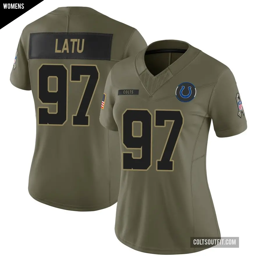 Women's Indianapolis Colts ＃97 Laiatu Latu Olive Limited Sr. 2025 Salute to Service Jersey
