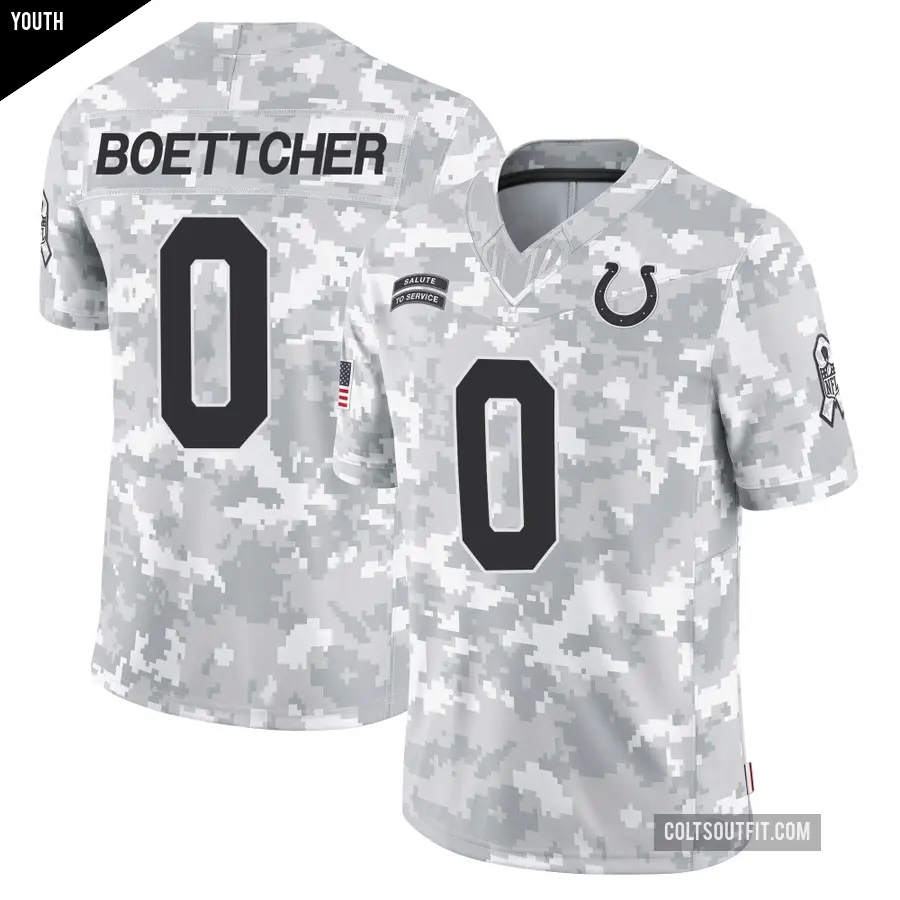 Youth Indianapolis Colts ＃0 Bryce Boettcher Arctic Camo Limited 2024 Salute to Service Jersey