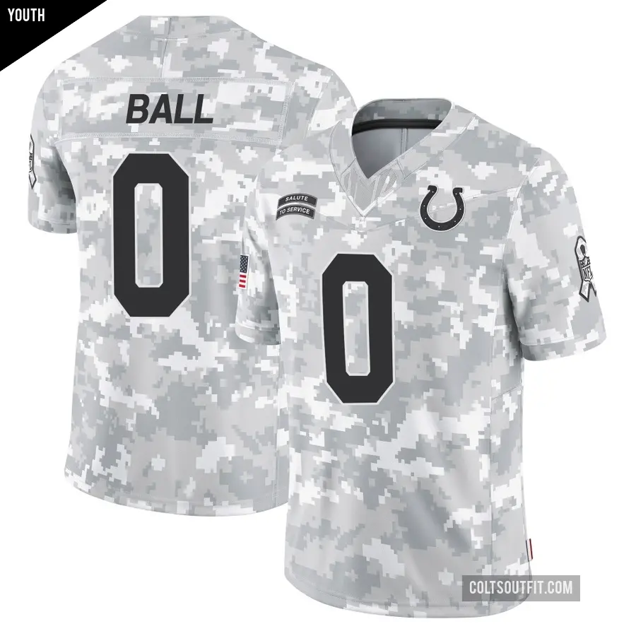 Youth Indianapolis Colts ＃0 Cameron Ball Arctic Camo Limited 2024 Salute to Service Jersey