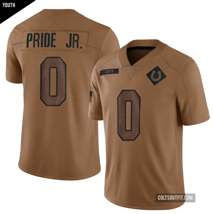 Youth Indianapolis Colts ＃0 Troy Pride Jr. Brown Limited 2023 Salute To Service Jersey