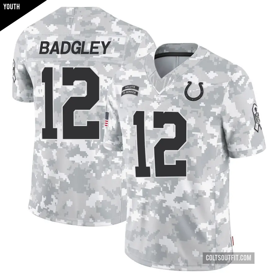 Youth Indianapolis Colts ＃12 Michael Badgley Arctic Camo Limited 2024 Salute to Service Jersey