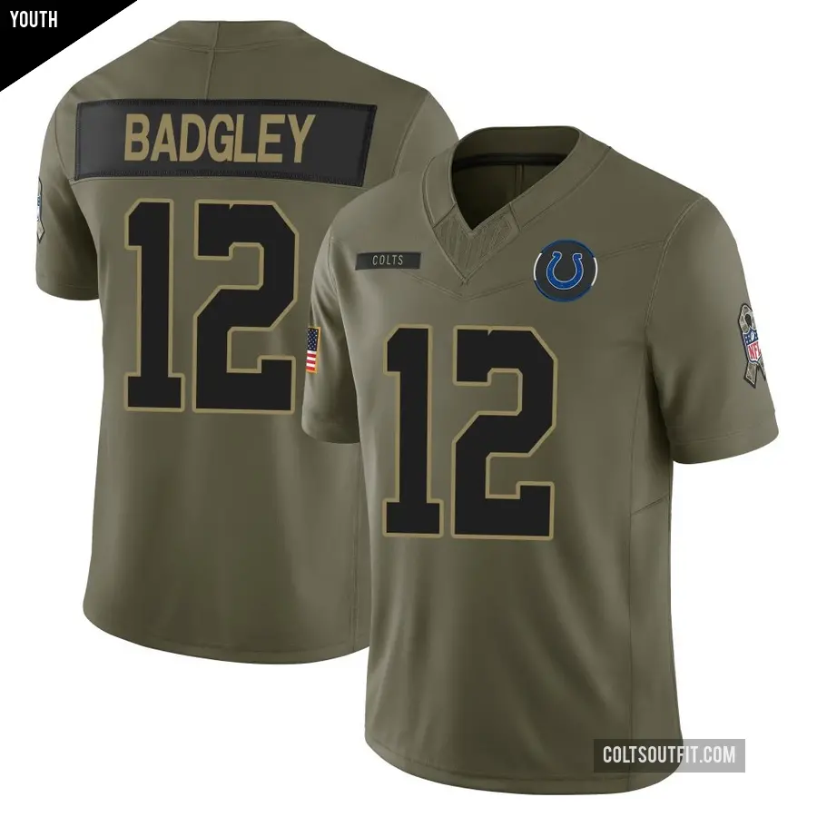 Youth Indianapolis Colts ＃12 Michael Badgley Olive Limited Sr. 2025 Salute to Service Jersey
