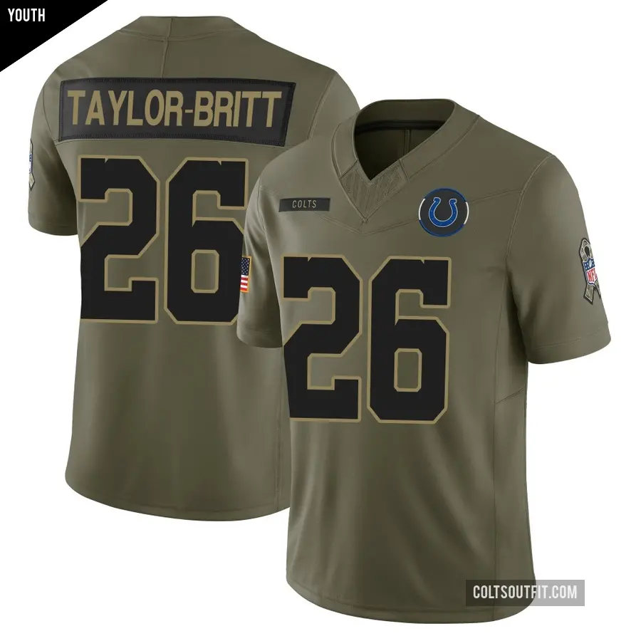 Youth Indianapolis Colts ＃26 Cam Taylor-Britt Olive Limited Sr. 2025 Salute to Service Jersey
