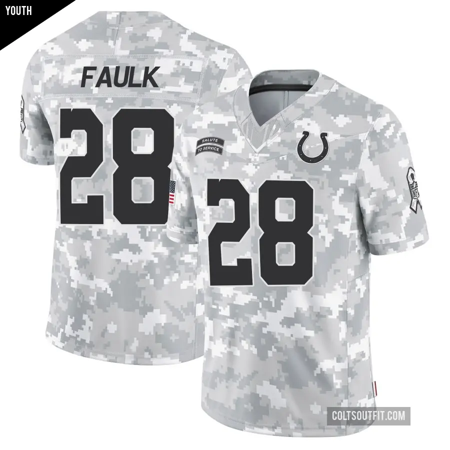 Youth Indianapolis Colts ＃28 Marshall Faulk Arctic Camo Limited 2024 Salute to Service Jersey