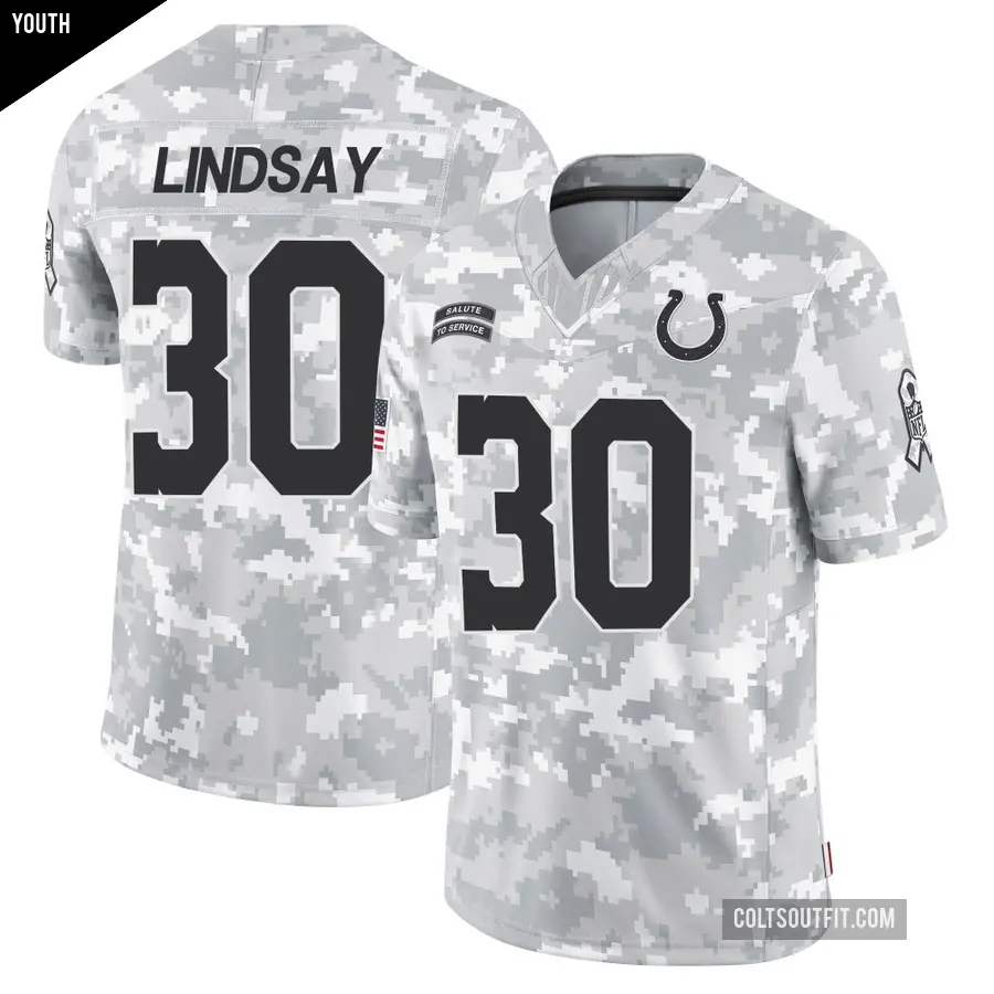 Youth Indianapolis Colts ＃30 Phillip Lindsay Arctic Camo Limited 2024 Salute to Service Jersey