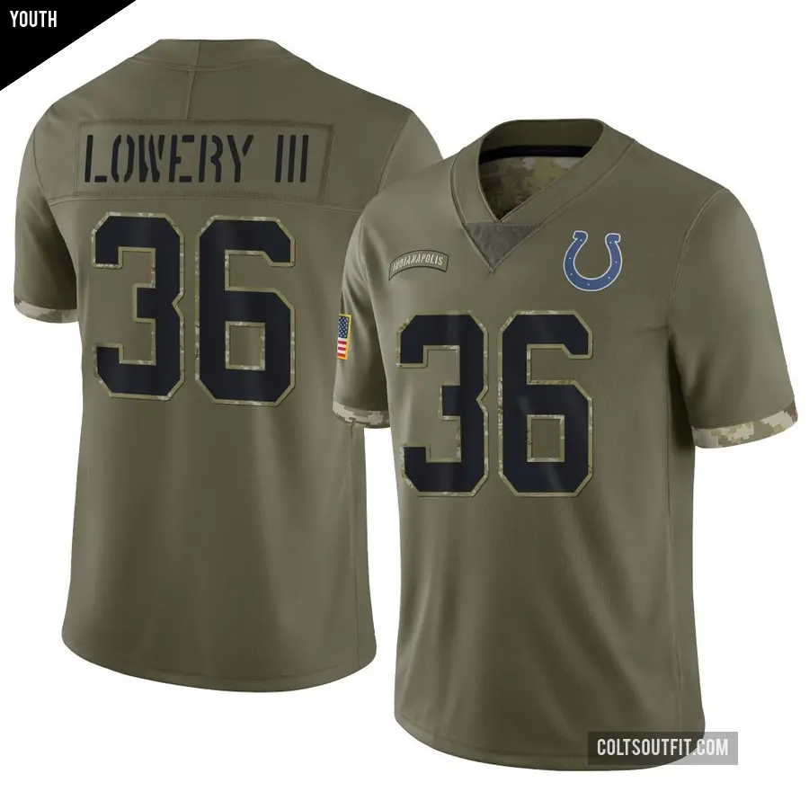 Youth Indianapolis Colts ＃36 Reuben Lowery III Olive Limited 2022 Salute To Service Jersey