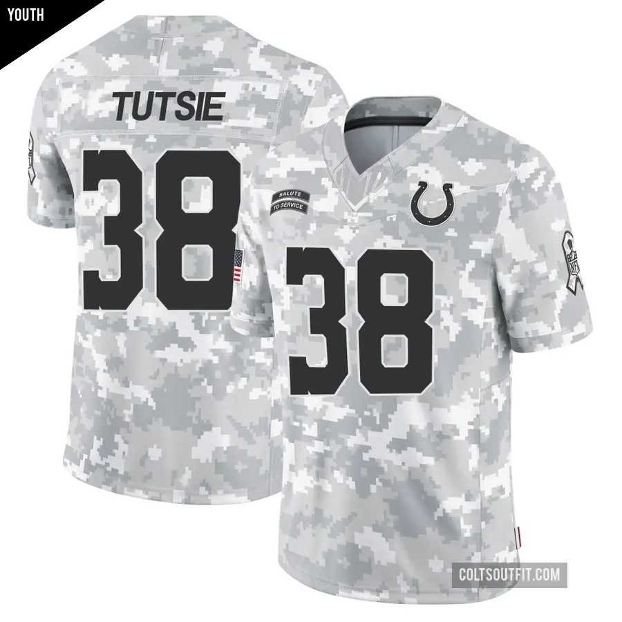 Youth Indianapolis Colts ＃38 Michael Tutsie Arctic Camo Limited 2024 Salute to Service Jersey