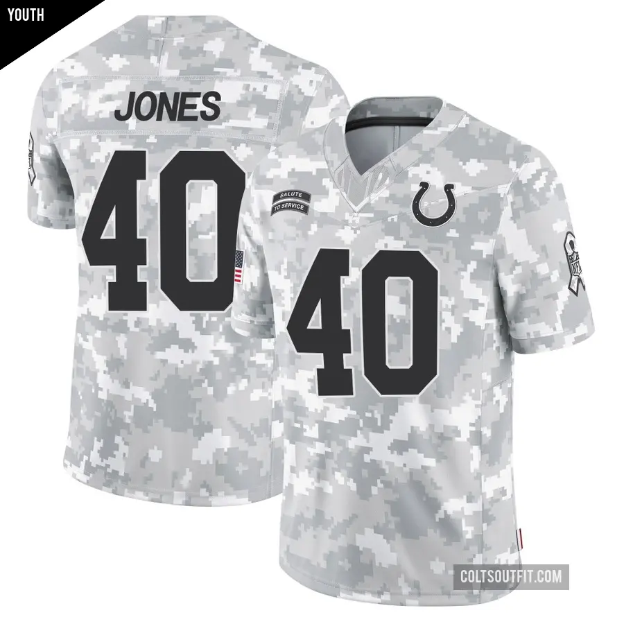 Youth Indianapolis Colts ＃40 Jaylon Jones Arctic Camo Limited 2024 Salute to Service Jersey