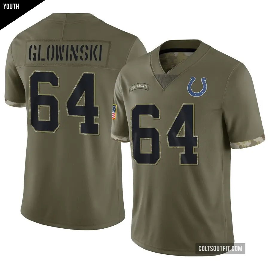 Youth Indianapolis Colts ＃64 Mark Glowinski Olive Limited 2022 Salute To Service Jersey